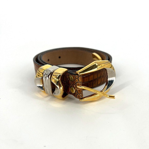 BB Simon Leather Belt Womens L Two Tone Metal Brown Animal Print Classic Spain - Picture 1 of 10